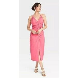 Women's Universal Thread Knit Sleeveless Ruched Halter Dress Pink